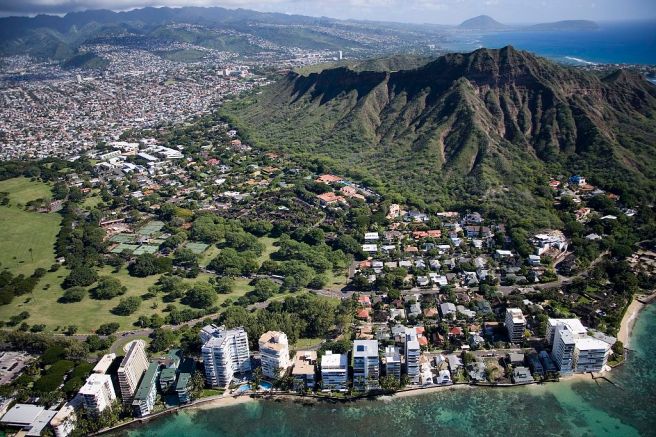 Aerial view of Waikiki Beach and Honolulu, Hawaii
